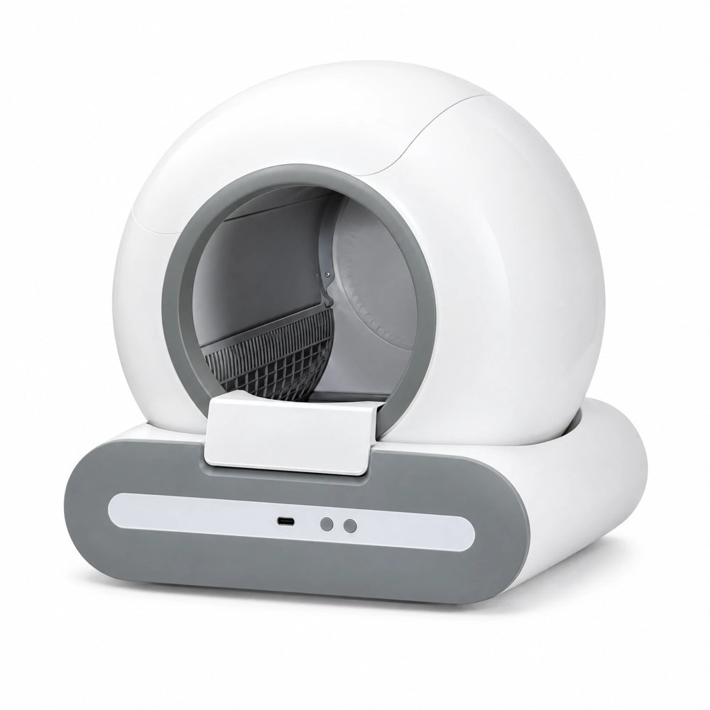 Litière automatique autonettoyante Ti+ blanche et grise, vue de trois quarts sur fond blanc