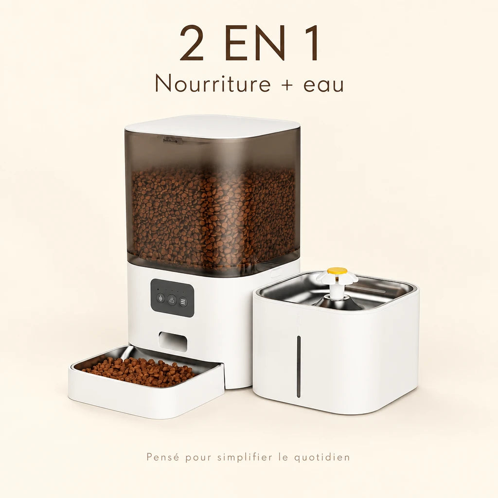 Le distributeur automatique de croquettes et la fontaine à eau, réunis : 2 en 1, nourriture et eau