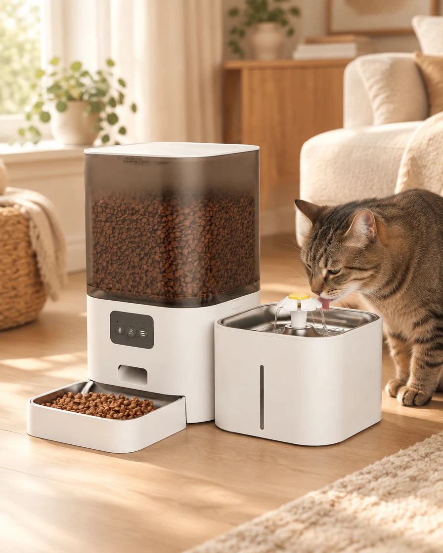 Un chat boit à la fontaine à eau, posée à côté du distributeur de croquettes